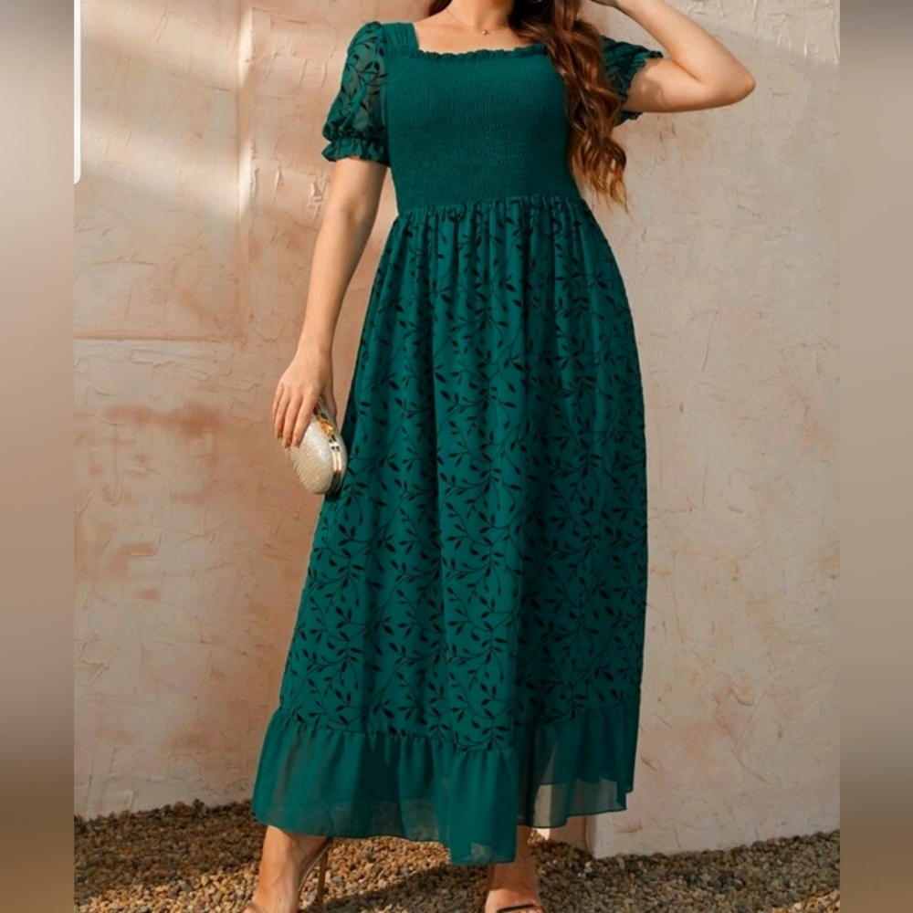 Shirred Square Neck Puff Sleeve Ruffle Hem Dress